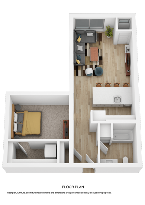 Floor plan for 1 bed, 1 bath, 713 sqft